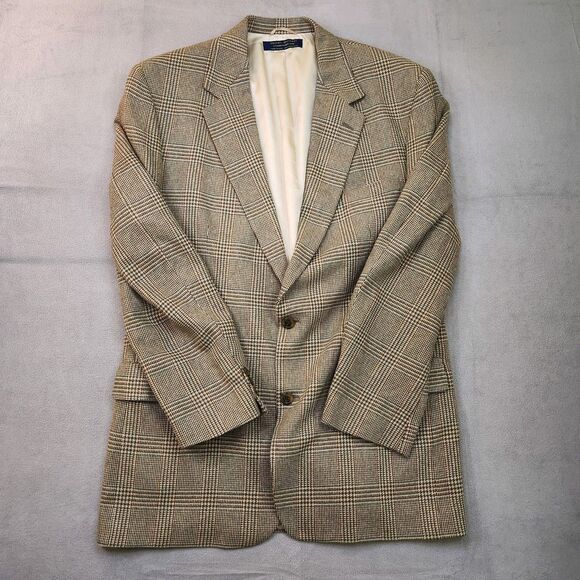 Vintage Brooks Brothers Sport Coat Men's 44L Beige Plaid Tweed Wool Made In USA